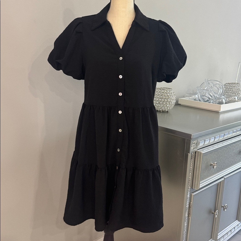 1. State Black Puff Sleeve Tiered Button Down Mini Dress.  Sz S - Picture 2 of 10